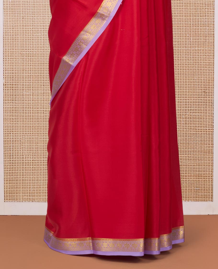 Red Plain Mysore Silk Saree, Complemented by a Contrast Flower Zari Design Border, Zari Striped Pallu, and Paired with a Contrast Blouse