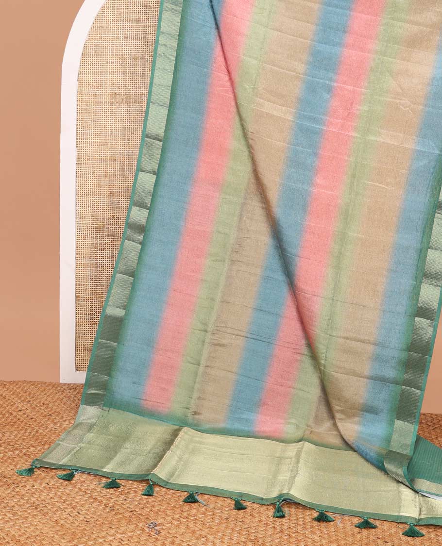 Multi-color striped tussar saree with contrast zari border & striped pallu
