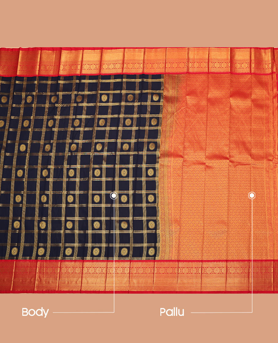 Navy Blue Budget Silk Saree, Charmingly Accented with Zari Butta Enclosed Checks All Over Its Body, Complemented by a Contrast Traditional Zari Design Border, Grand Jaal Pallu, and Paired with a Contrast Blouse