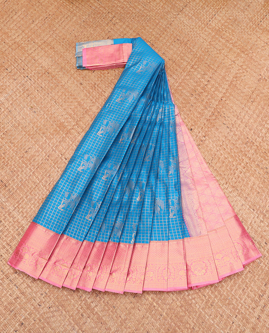 Blue Budget Silk Saree, Gleamed Up with Zari Buttas and Checks, Complemented by a Contrast Traditional Zari Border, Grand Pallu, and a Contrast Blouse