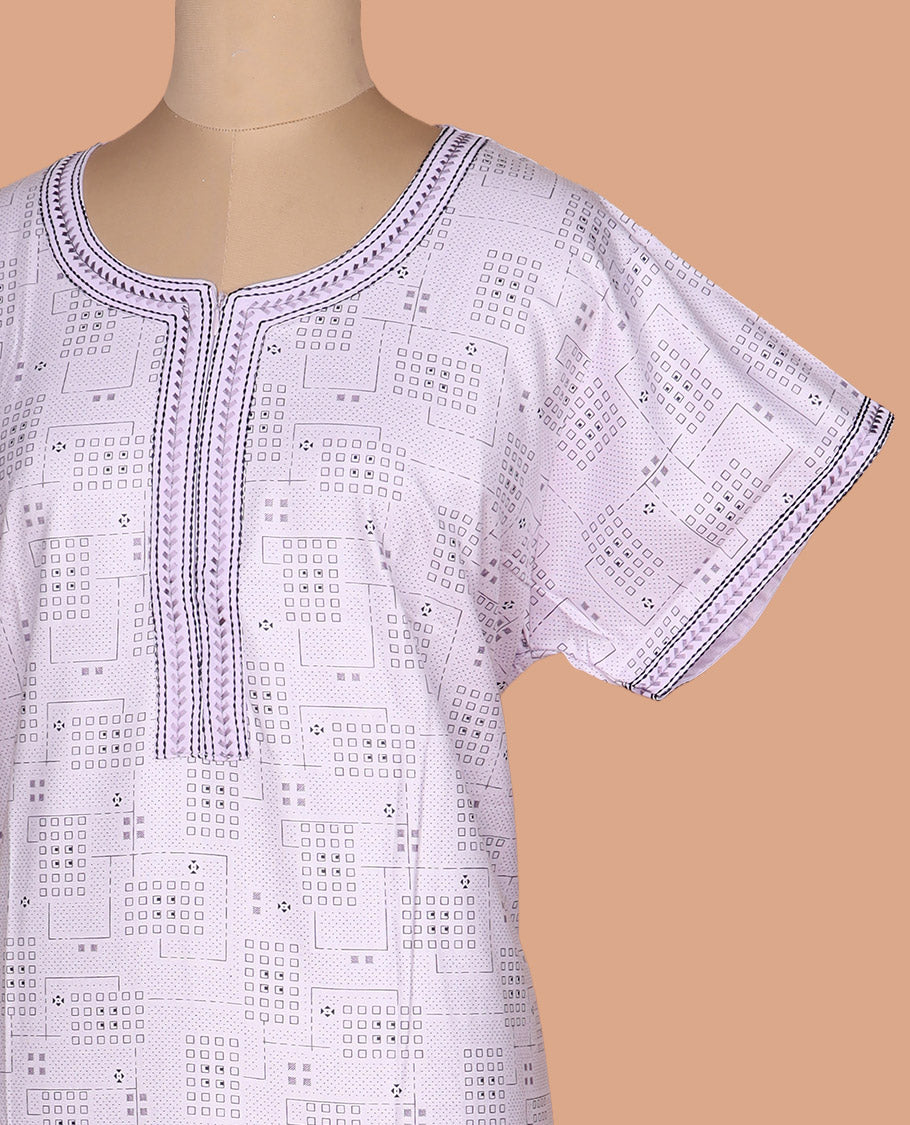 Pastel lavender geometric patterned with round neck embroidered half-sleeve cotton nighty
