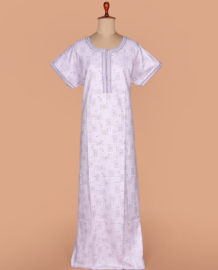 Pastel lavender geometric patterned with round neck embroidered half-sleeve cotton nighty