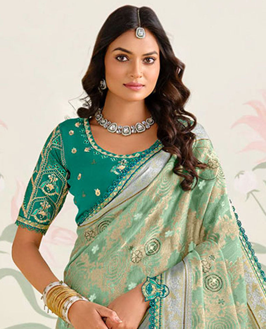 Green floral embroidery with stone work designer catalogue saree & floral scallop border