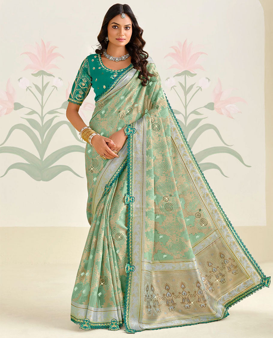 Green floral embroidery with stone work designer catalogue saree & floral scallop border