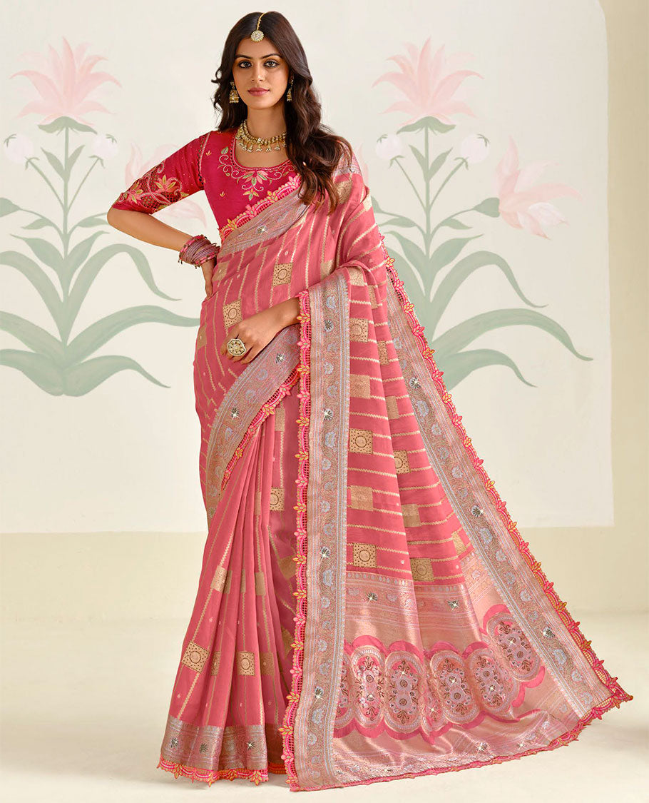Pink striped, geometric design with floral embroidery designer catalogue saree & scallop lace border