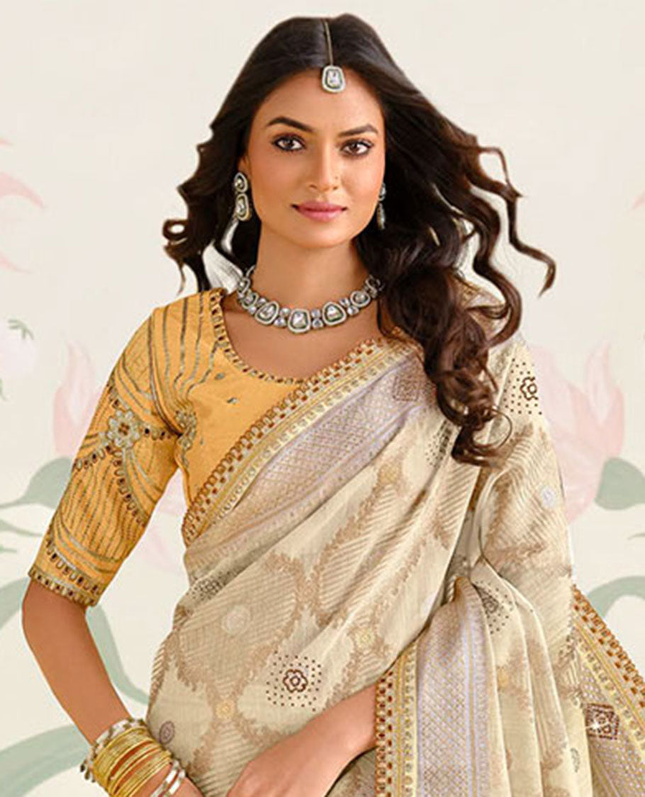 Cream ogee design with stone work designer catalogue saree , & self zari border