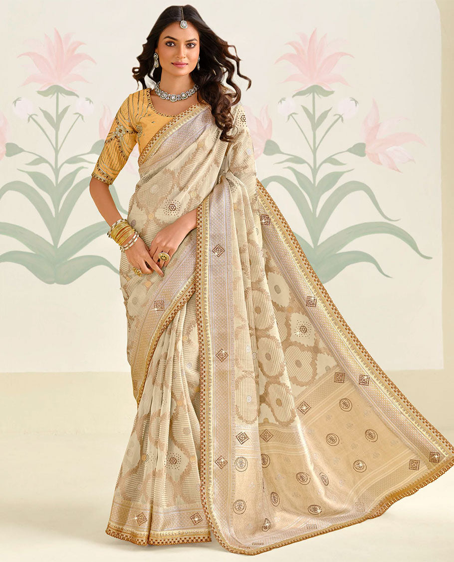 Cream ogee design with stone work designer catalogue saree , & self zari border