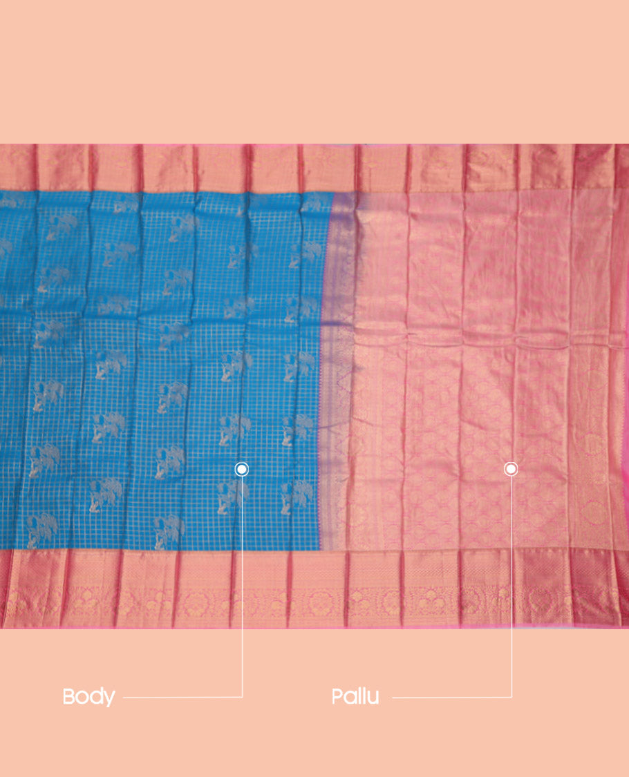 Blue Budget Silk Saree, Gleamed Up with Zari Buttas and Checks, Complemented by a Contrast Traditional Zari Border, Grand Pallu, and a Contrast Blouse