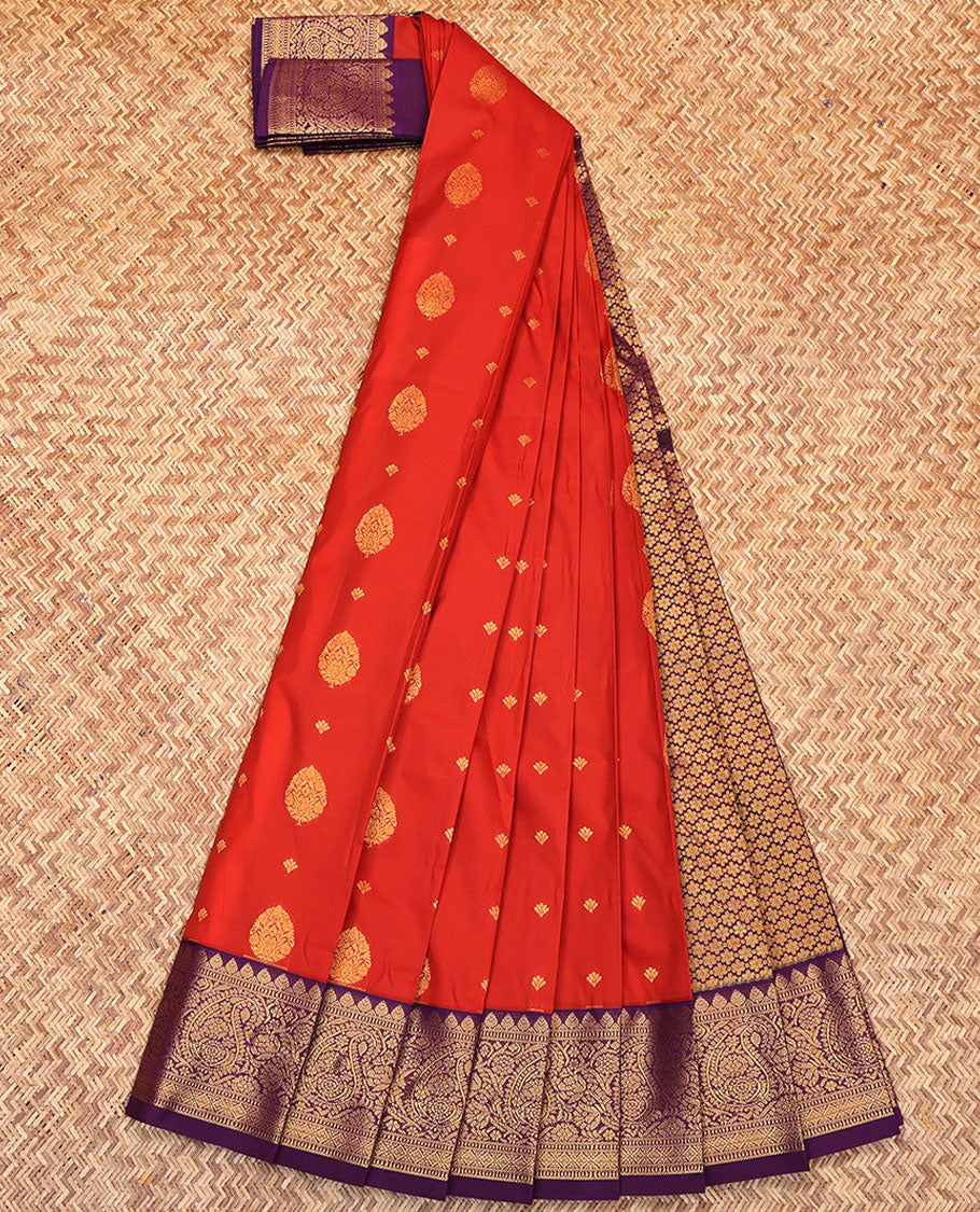 Rust Budget Silk Saree, Enriched with Zari Buttas All Over Its Body, Complemented by a Contrast Traditional Zari Design Border, Pallu Steeped with Flower Designs, and Paired with a Contrast Blouse
