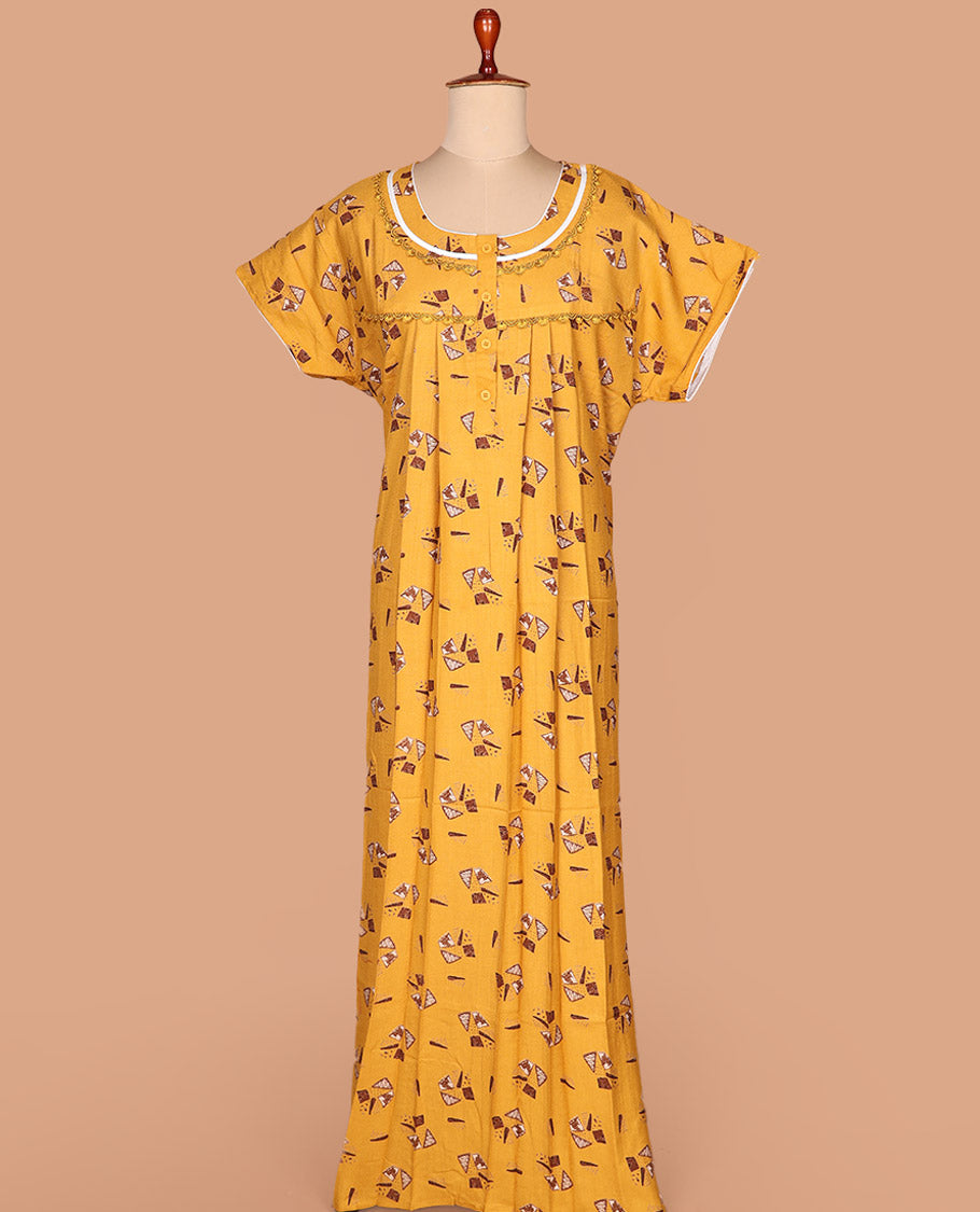 Mango yellow geometric motifs with round neck half-sleeve cotton nighty