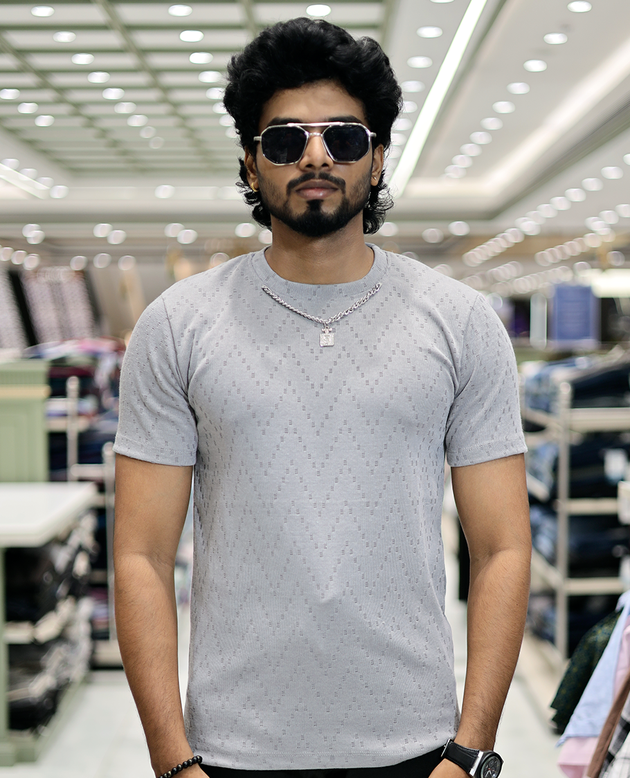 Grey Chevron Cotton-Blended T-Shirt