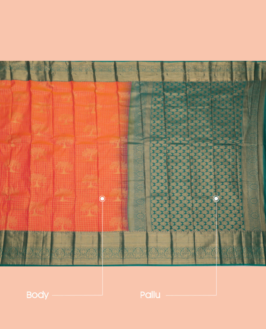 Orange Budget Silk Saree, Richly Detailed with Zari Buttas and Checks, Complemented by a Contrast Traditional Zari Border, Grand Pallu, and a Contrast Blouse