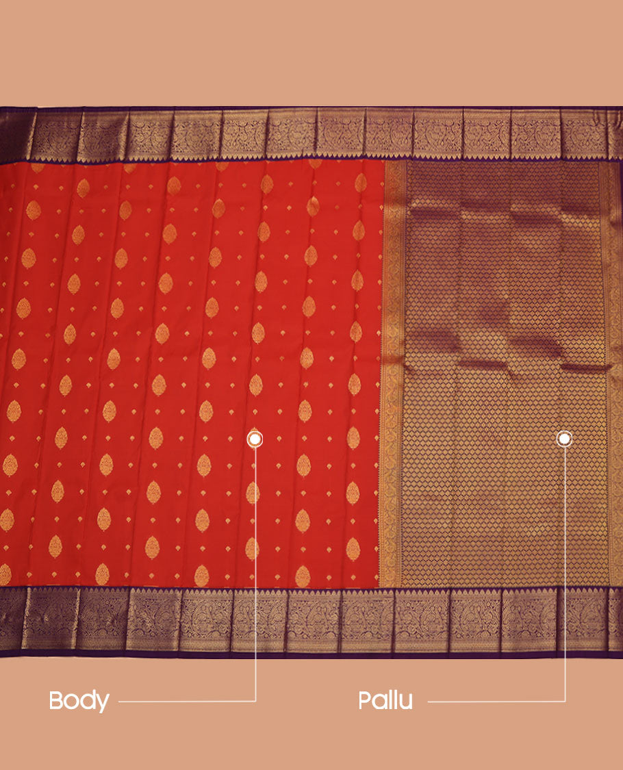 Rust Budget Silk Saree, Enriched with Zari Buttas All Over Its Body, Complemented by a Contrast Traditional Zari Design Border, Pallu Steeped with Flower Designs, and Paired with a Contrast Blouse