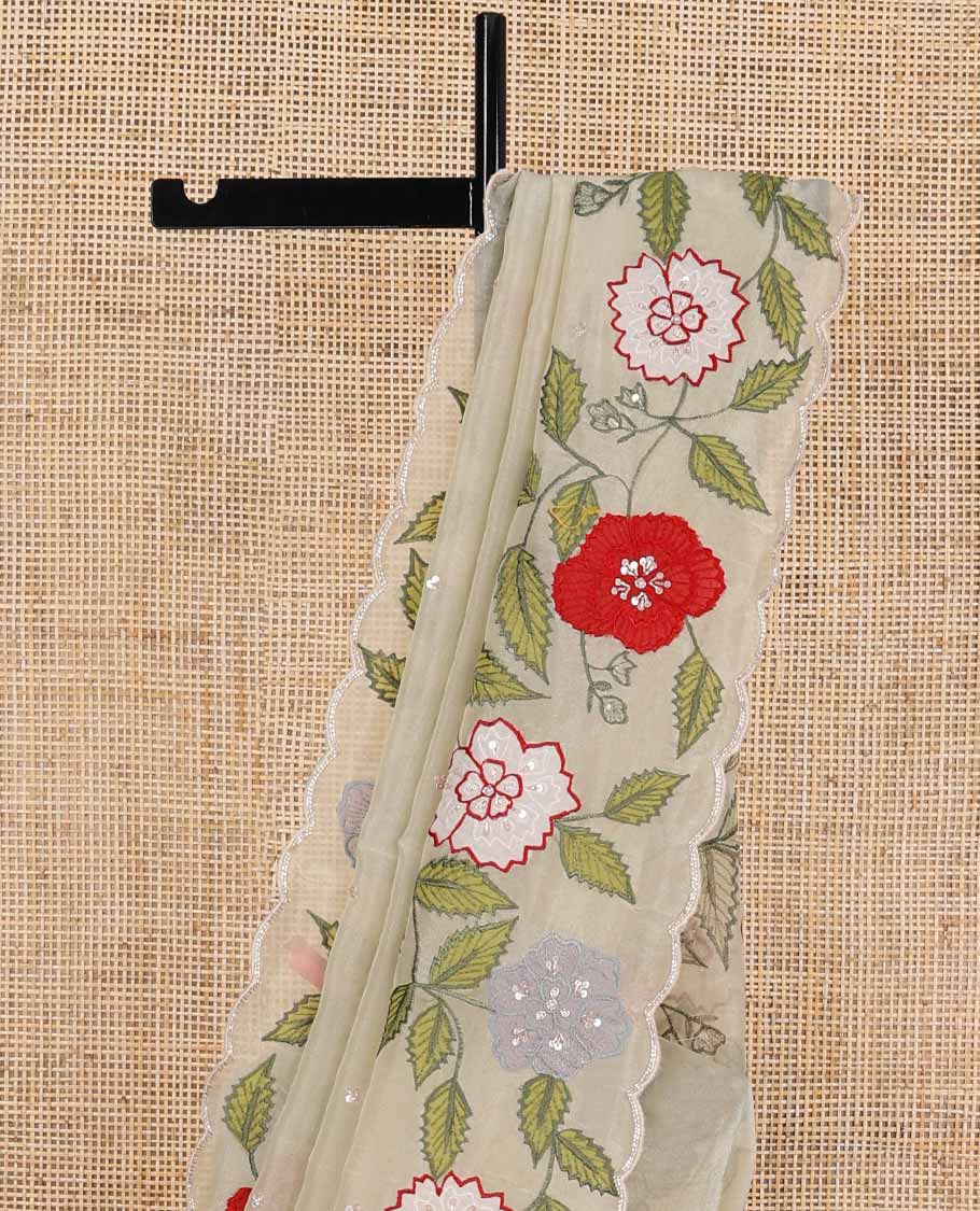 Cream all-over sequins embroidery tissue saree with floral , sequins embroidery scallop border