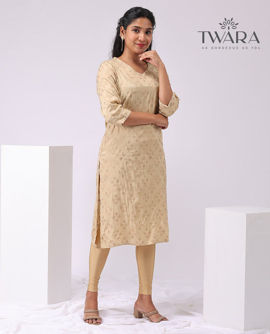 Twara sandal geometric embroidered v neck, 3/4 th sleeve , knee lenght straight cut kurti