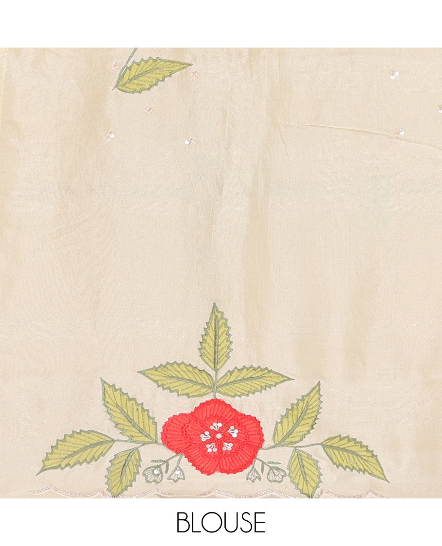 Cream all-over sequins embroidery tissue saree with floral , sequins embroidery scallop border