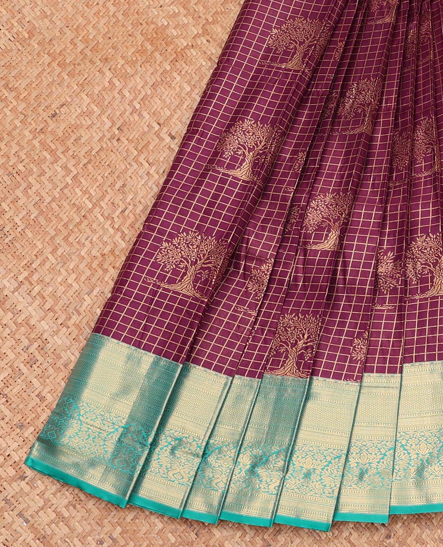 Purple Budget Silk Saree, Impeccably Styled with Zari Buttas and Checks, Complemented by a Contrast Traditional Zari Border, Grand Pallu, and a Contrast Blouse