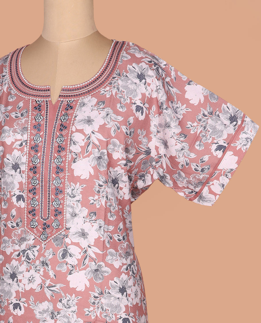 Pink floral printed with round neck embroidered half-sleeve cotton nighty