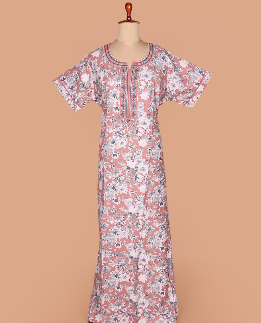 Pink floral printed with round neck embroidered half-sleeve cotton nighty