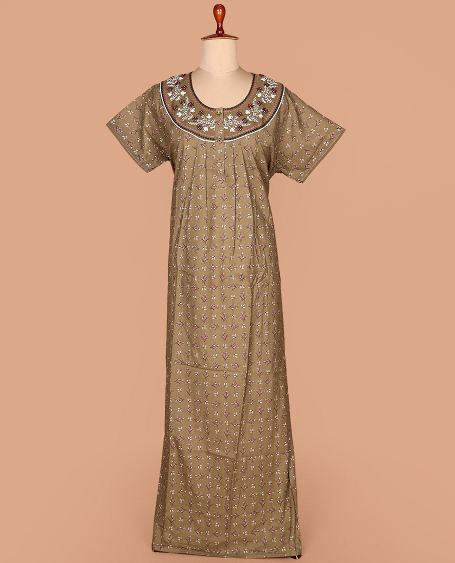 Brown floral motifs printed with floral embroidered half-sleeve cotton nighty