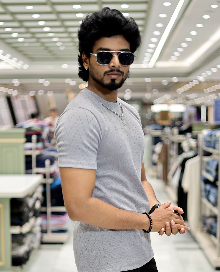 Grey Chevron Cotton-Blended T-Shirt