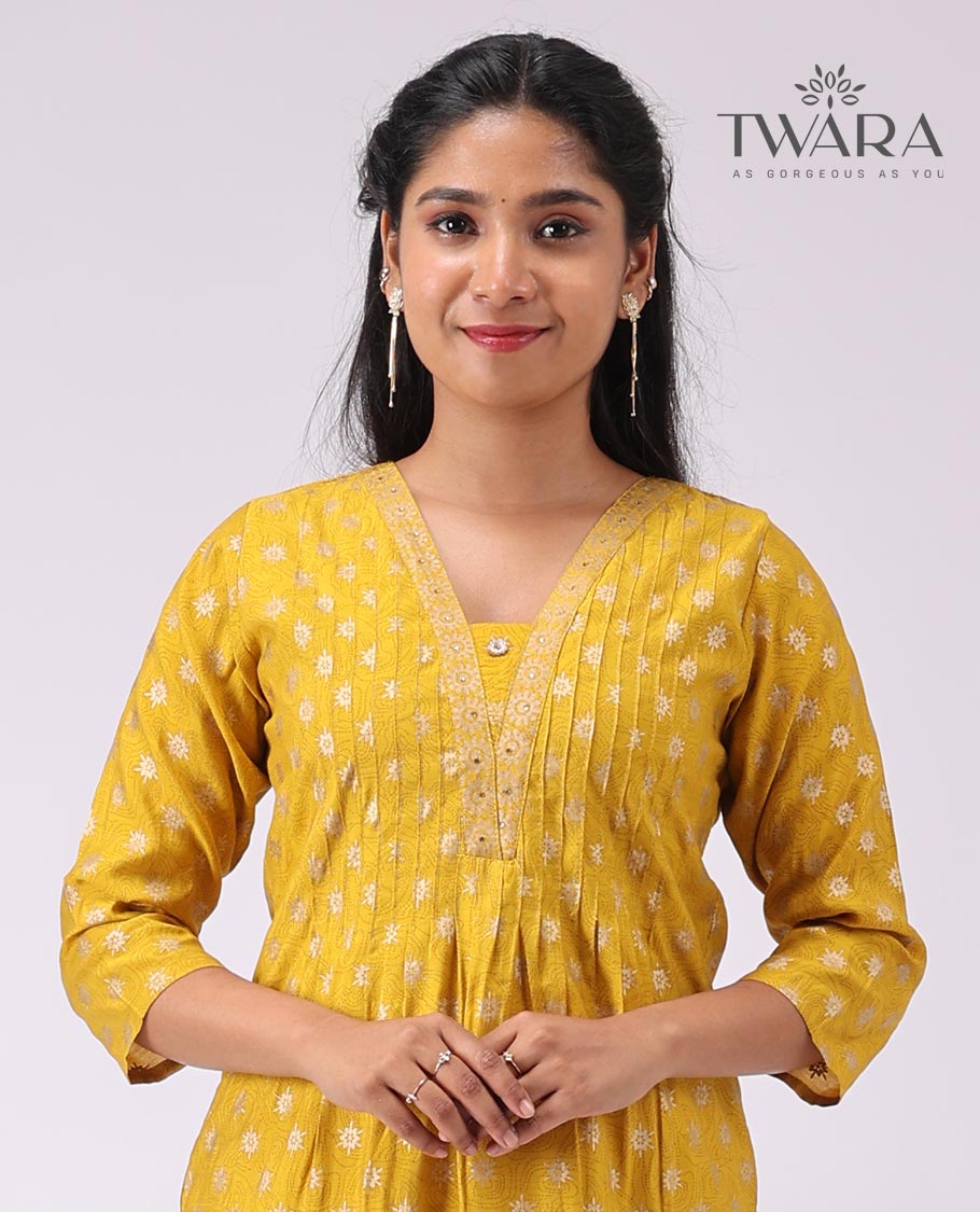 Twara yellow floral printed v neck, 3/4 th sleeve, below knee lenght kurti