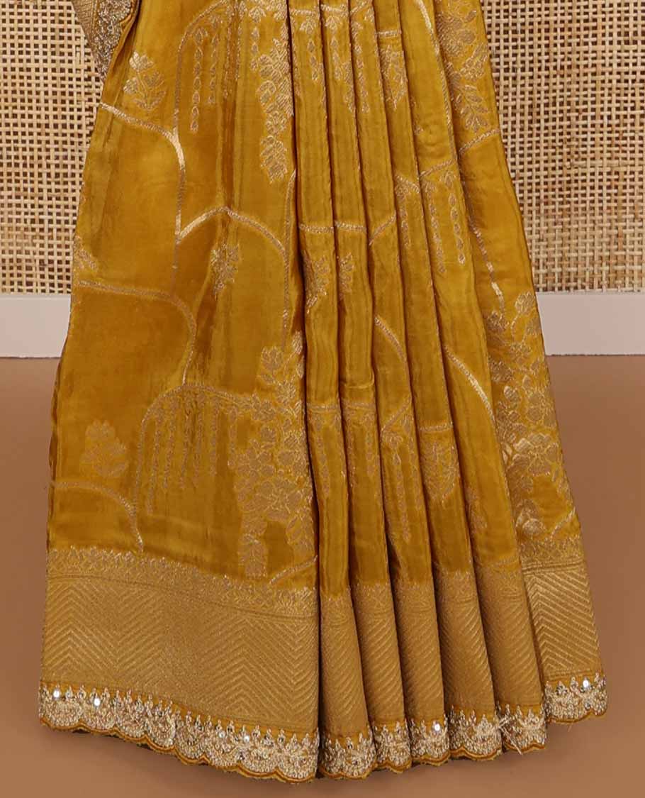 Mustard floral design with striped zari border & intricate zari design pallu