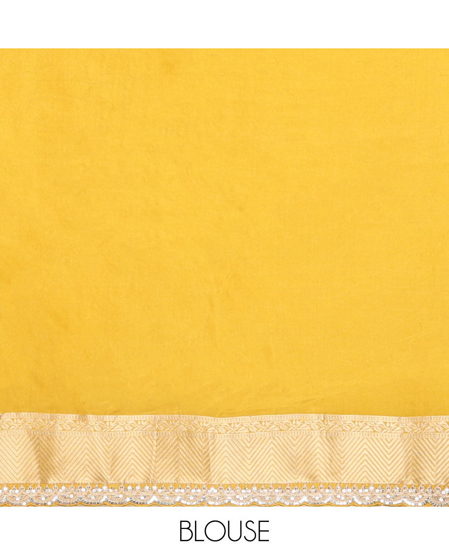 Mustard floral design with striped zari border & intricate zari design pallu