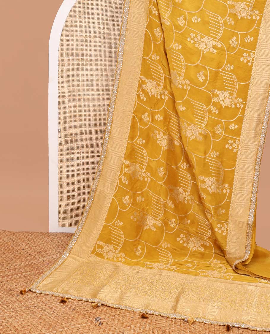 Mustard floral design with striped zari border & intricate zari design pallu