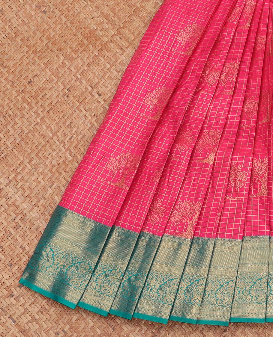 Pink Budget Silk Saree, Embellished with Zari Buttas and Checks, Complemented by a Contrast Traditional Zari Border, Grand Pallu, and a Contrast Blouse