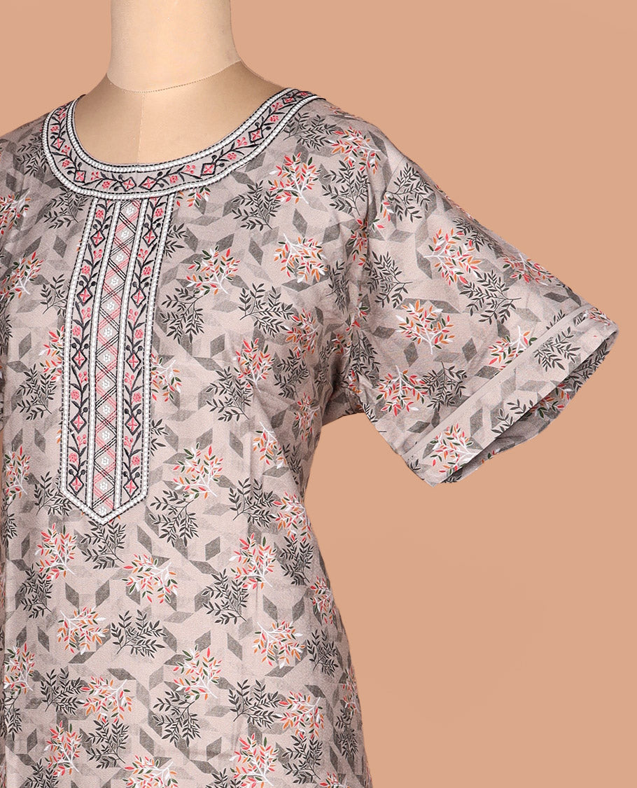 Grey geometric printed with boat-neck embroidered half-sleeve cotton nighty