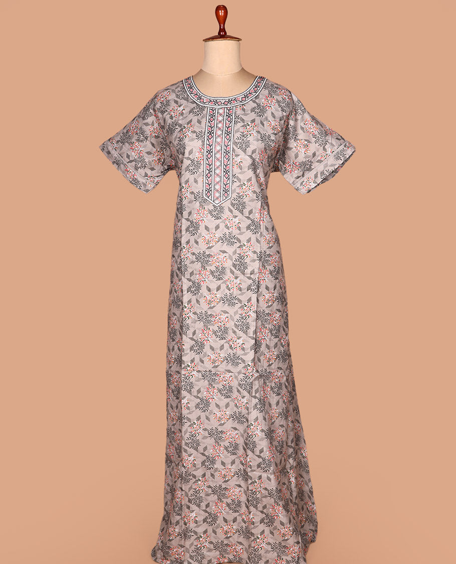 Grey geometric printed with boat-neck embroidered half-sleeve cotton nighty