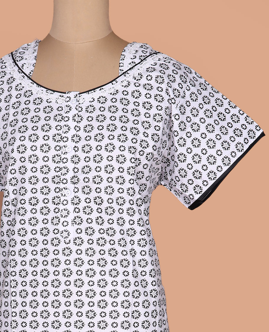 White floral motifs printed with neck embroidered half-sleeve cotton nighty