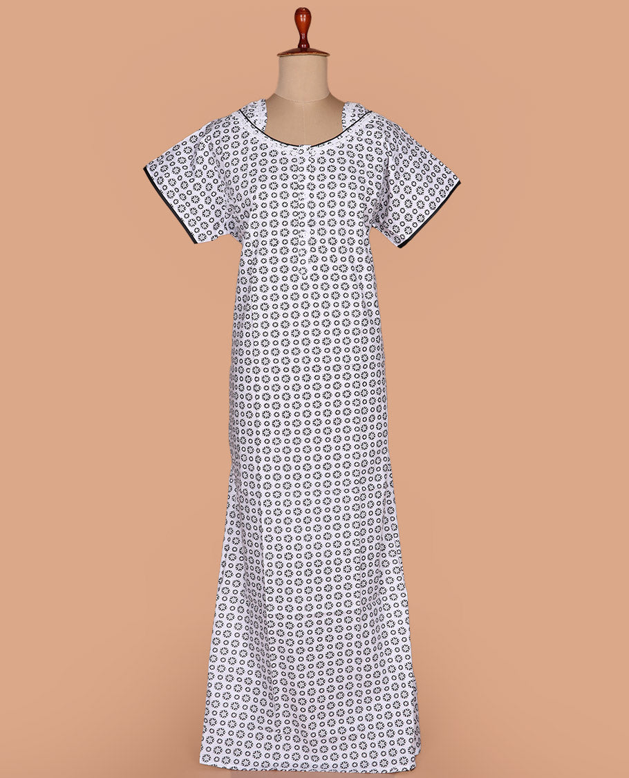 White floral motifs printed with neck embroidered half-sleeve cotton nighty