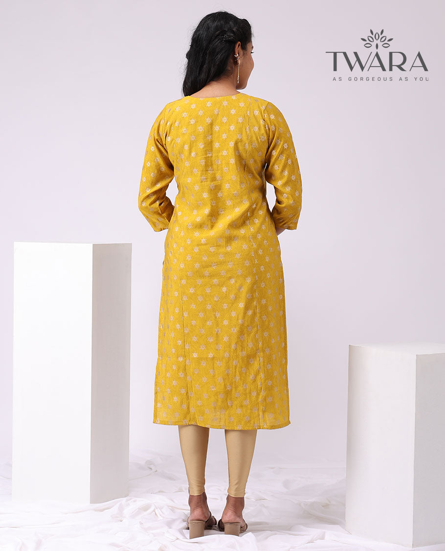 Twara yellow floral printed v neck, 3/4 th sleeve, below knee lenght kurti