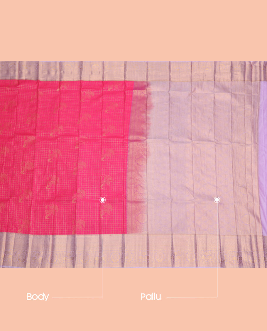 Pink Budget Silk Saree, Detailed with Zari Buttas and Checks, Complemented by a Contrast Traditional Zari Border, Grand Pallu, and a Contrast Blouse