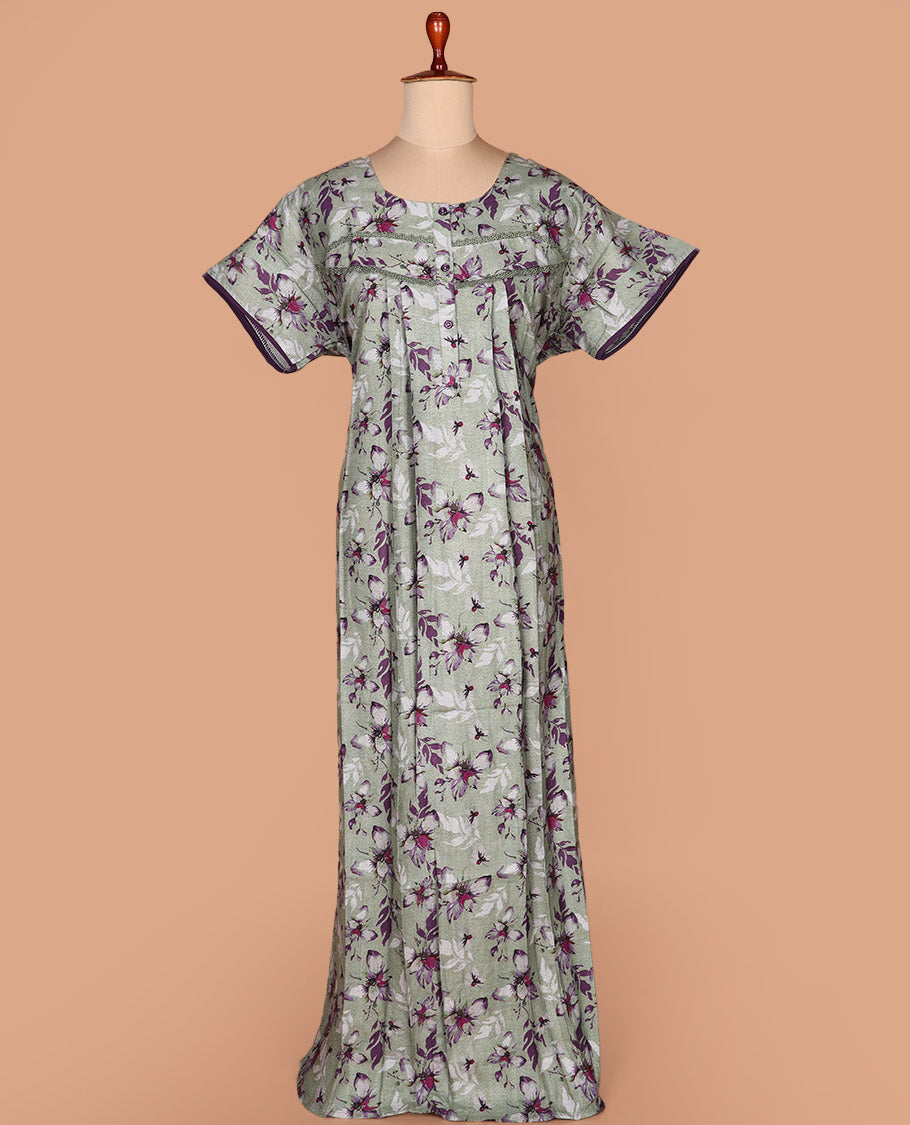 Green floral printed with round neck half-sleeve cotton nighty