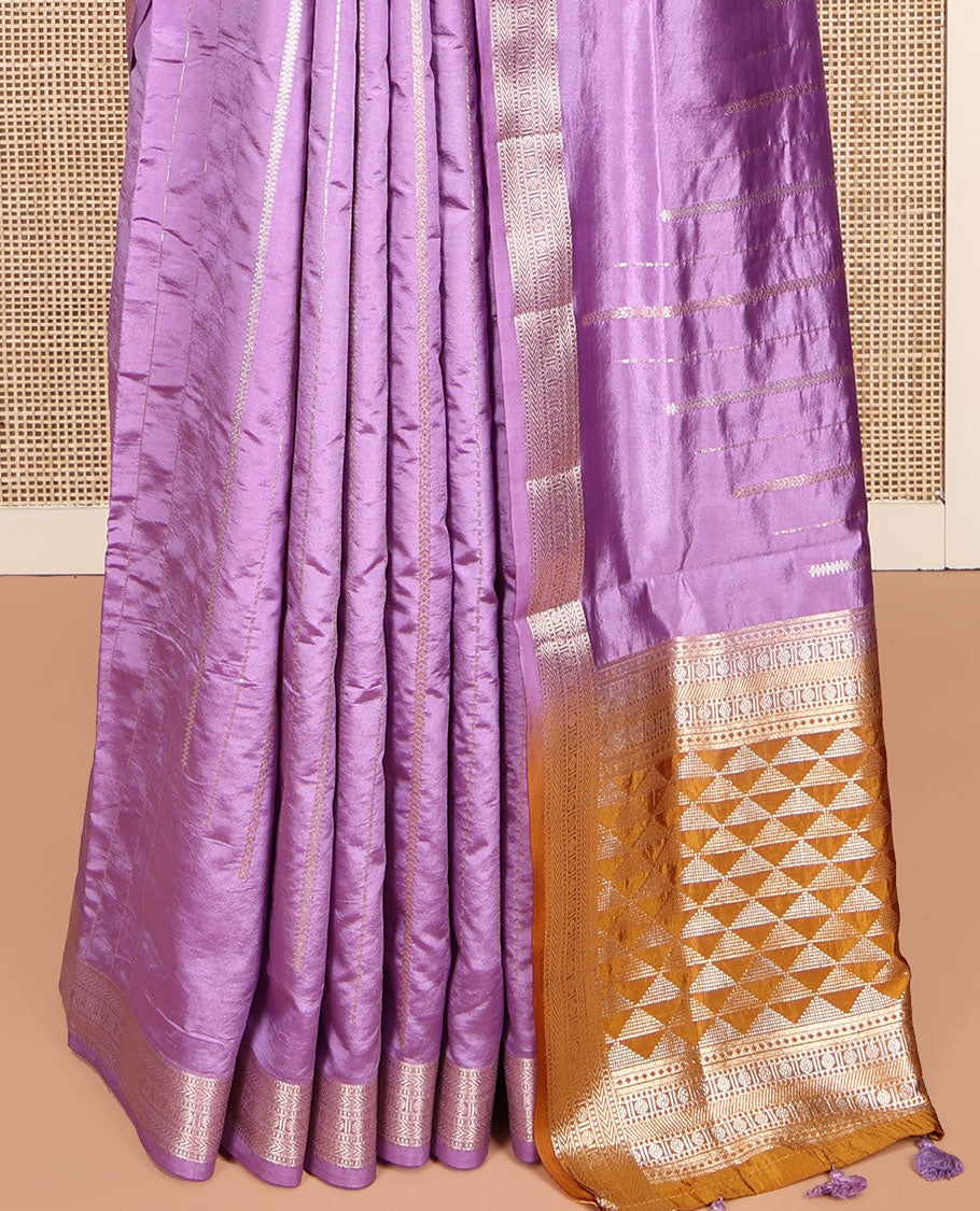 Lavender Dupion Silk Saree, Ornamented with Zari Stripes, Highlighted by a Traditional Zari Design Border, Contrast Pallu of Geometric Design, and a Contrast Blouse