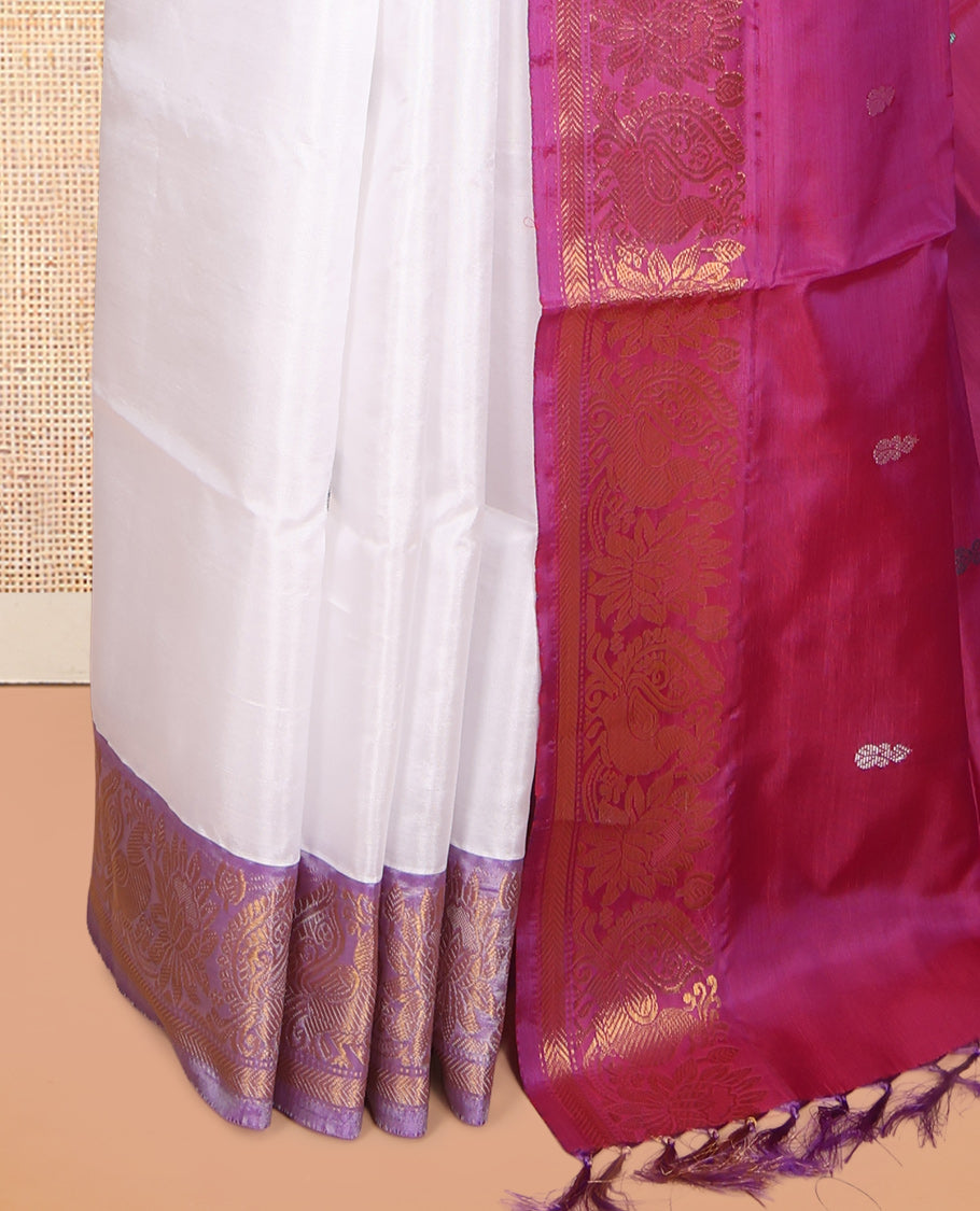 White Banana Pith Saree, Woven with Thread Buttas, a Contrast Peacock-Floral Zari Border, Pallu of Buttas, and a Contrast Blouse