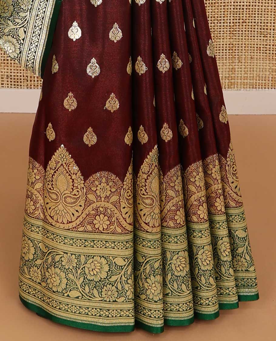 Dark brown floral buttas semi banaras nylon saree with contrast intricate zari design border & floral vine design pallu