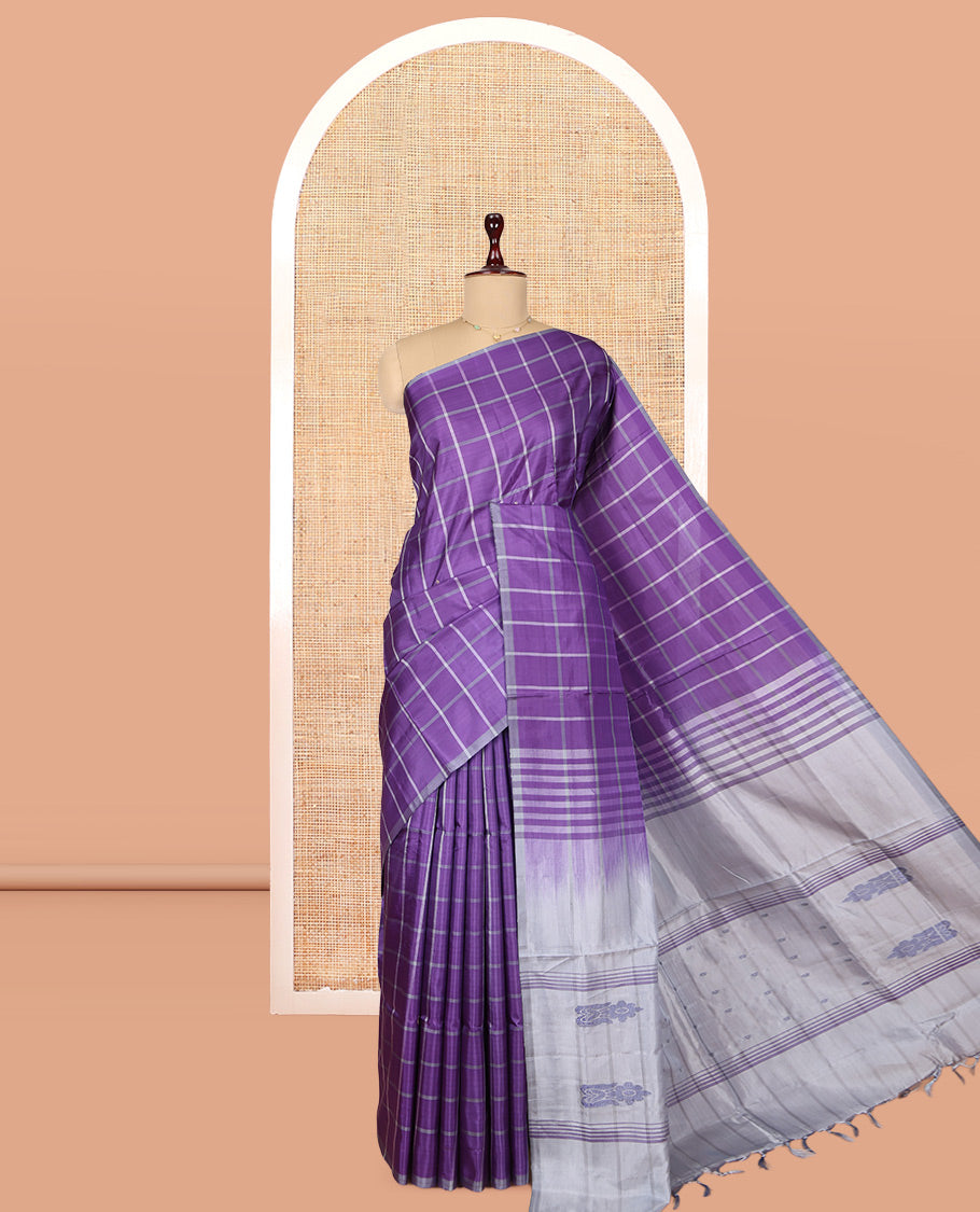 Borderless Violet Checked Banana Pith Saree, a Contrast Pallu of Stripes and Buttas, and a Contrast Blouse