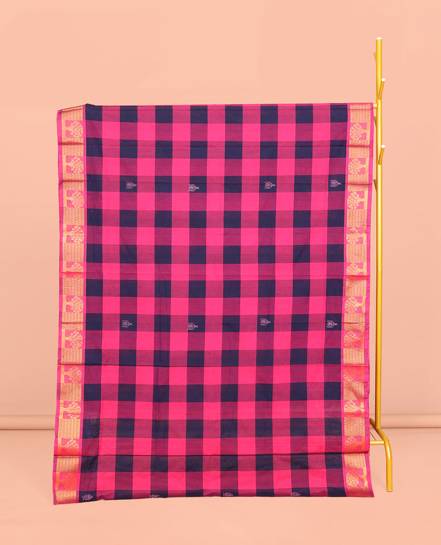 Blue-Pink Chettinad Cotton Saree, Decked Up with Buttas and Checks, Highlighted by Tree Motifs Zari Border, Pallu of Stripes and Buttas, and No Blouse