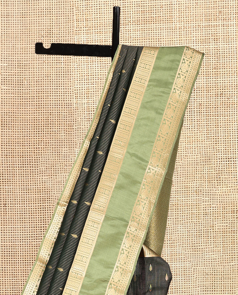 Green Vasundhara Lite Silk Mix Saree, Elevated with Zari Buttas and Strpes, a Contrast Rettai Pettu Zari Border, a Grand Pallu, and a Contrast Blouse