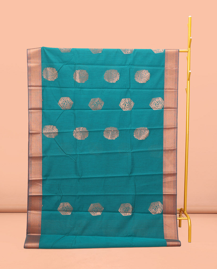 Rama Blue Semi-Silk Cotton Saree, Spotlighted with Zari Buttas All Over Its Body, Highlighted by a Traditional Zari Border, Pallu of Paisley Designs, and Paired with a Matching Blouse