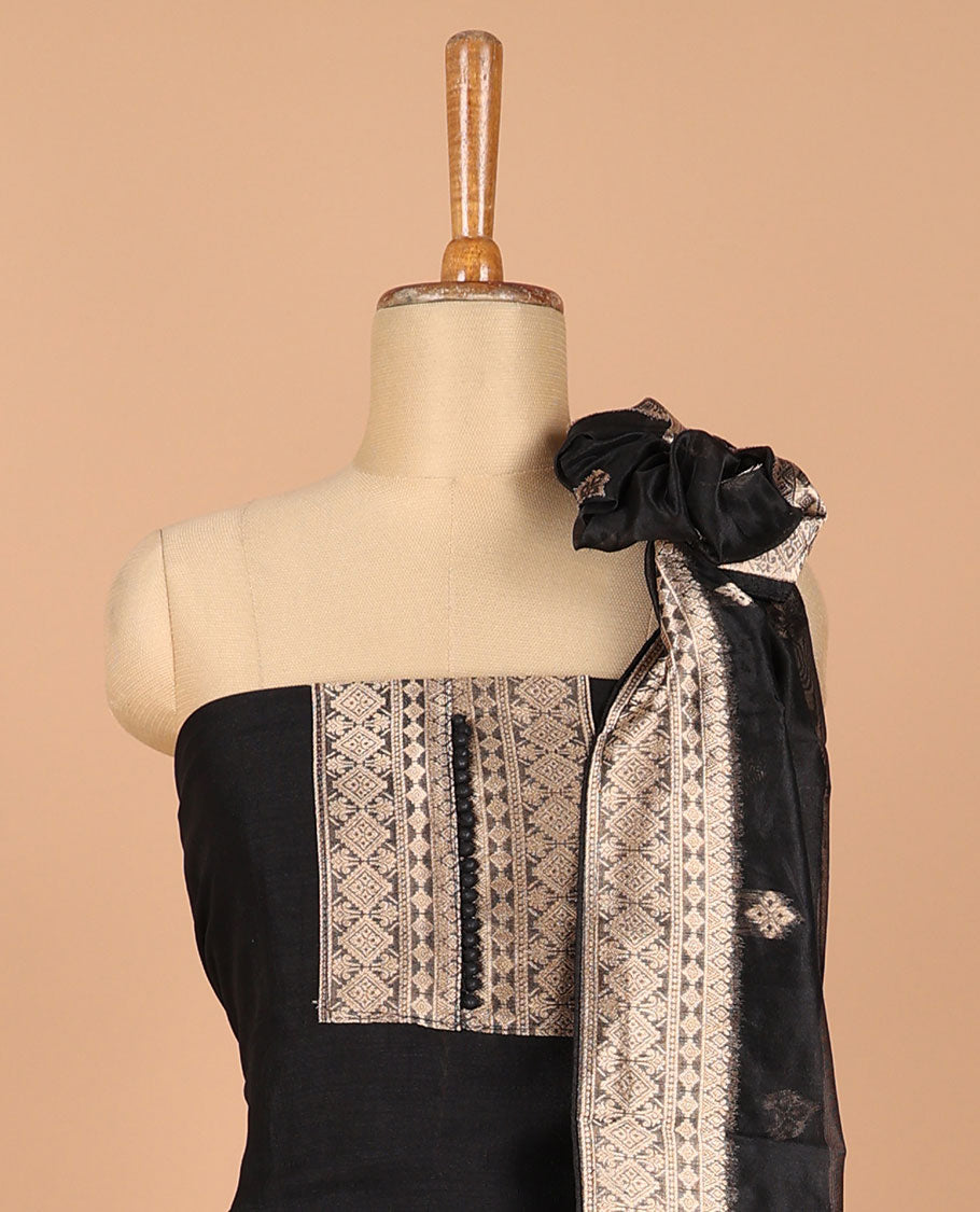 black chudidhar matrial vichitra silk neck zari border with bum bum work , santoon material pants & organza banarasi zari border, zari buttas dupatta