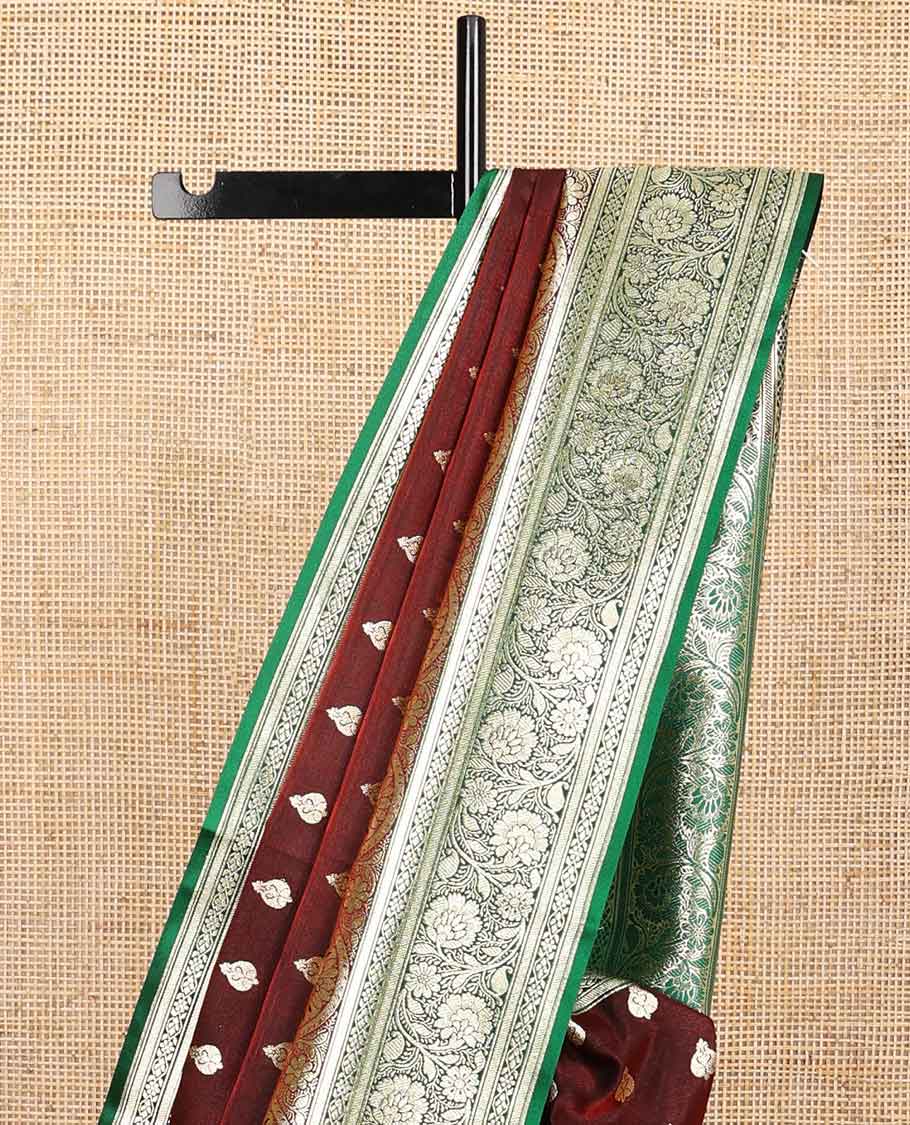 Dark brown floral buttas semi banaras nylon saree with contrast intricate zari design border & floral vine design pallu