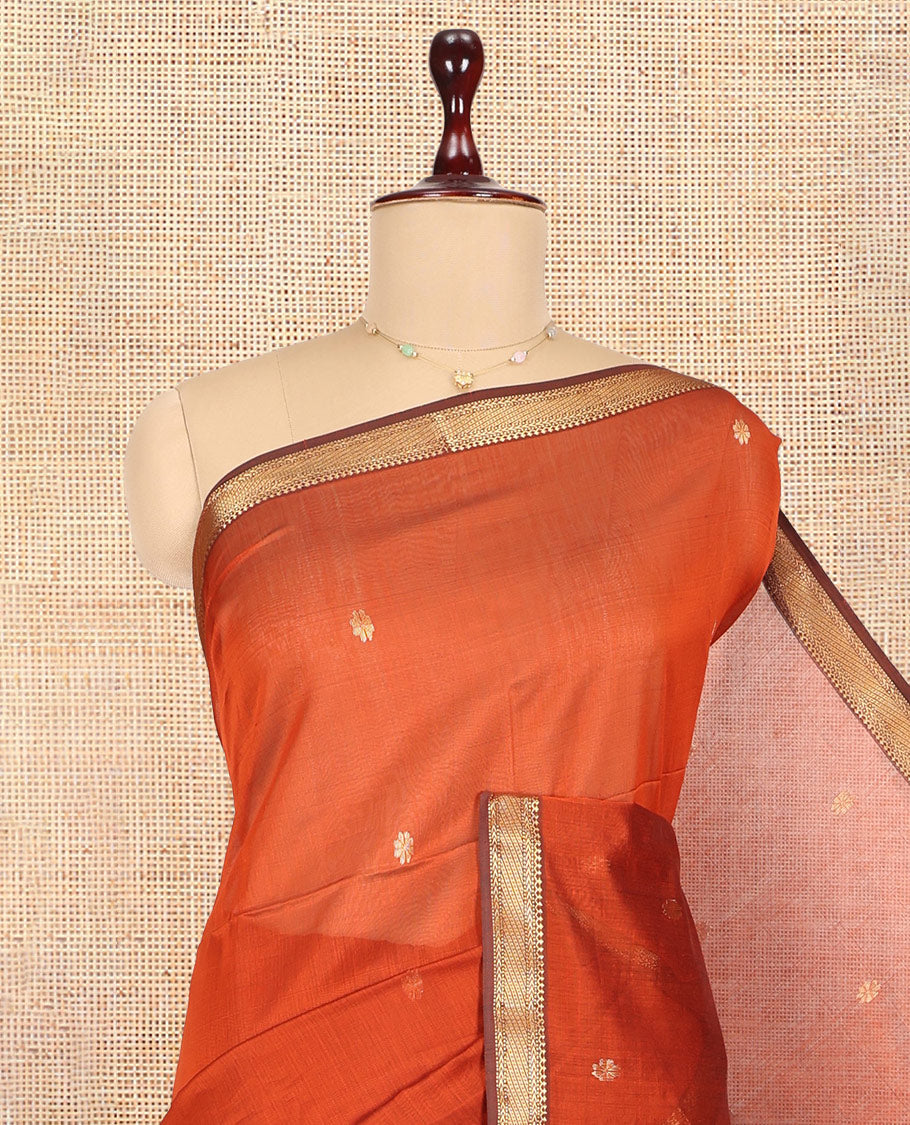 Rust Maheshwari Cotton Saree Featuring Zari Buttas, a Contrast Traditional Zari Border, Zari Striped Pallu, and a Matching Blouse