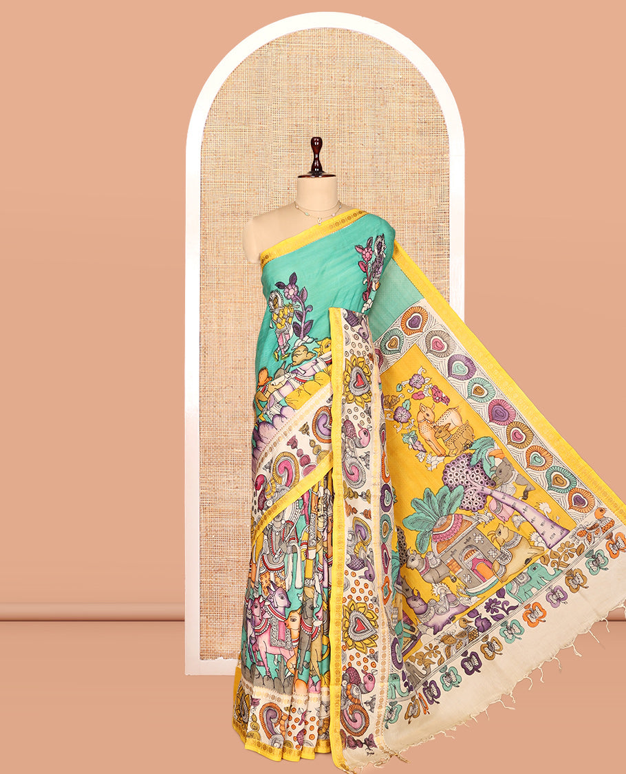 Turquoise Kalamkari Silk Saree, Enthralled with Human Figurines, a Contrast Peacock Border, Kalamkari Pallu, and a Contrast Blouse
