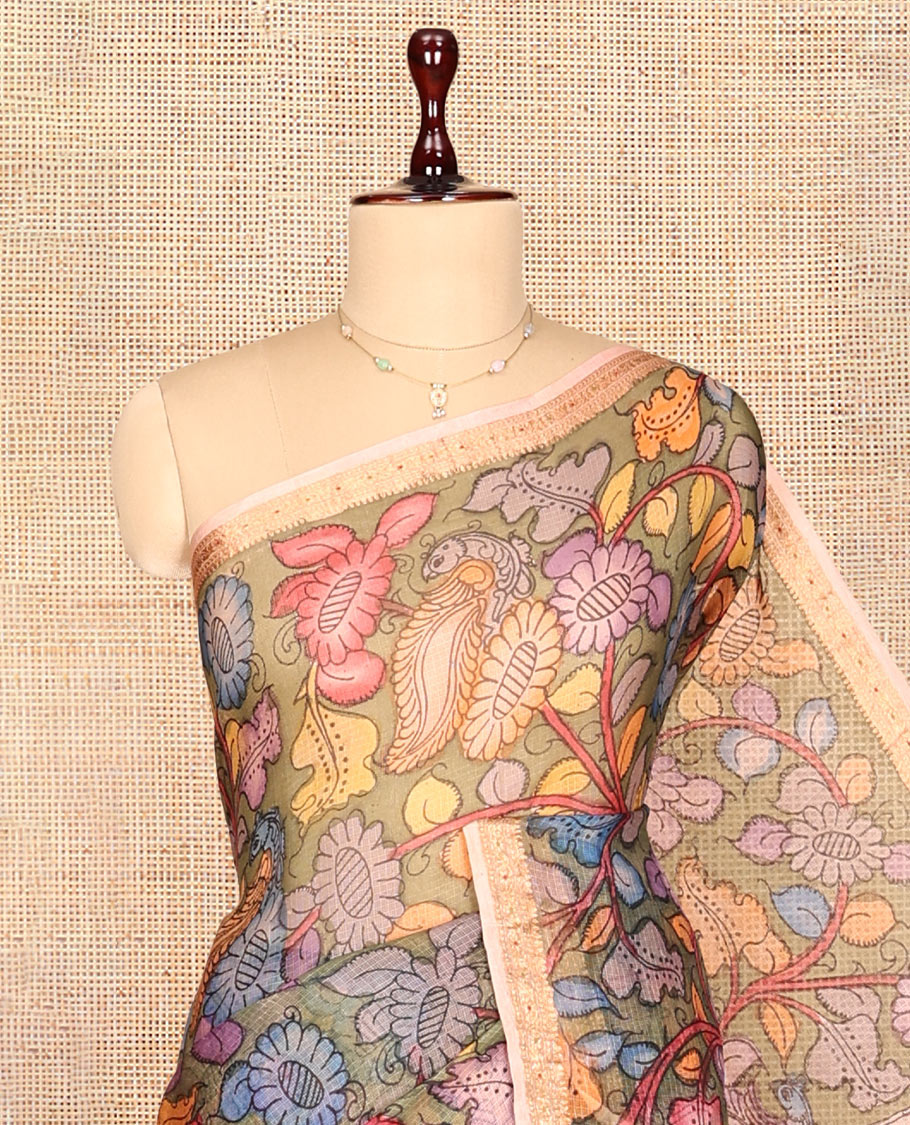 Grey Floral Vine Pen Kalamkari Silk Saree, a Contrast Zari Border, God Motif Pallu, a Contrast Blouse