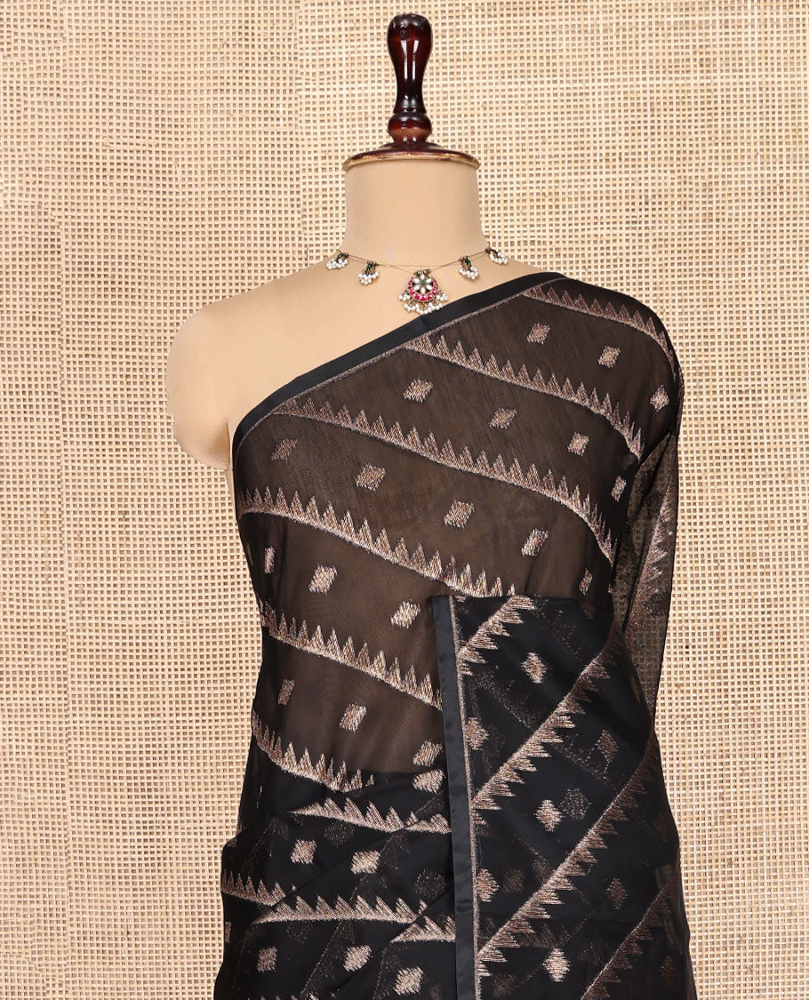 Borderless Black Chanderi Cotton Saree, Adorned with Zari Buttas and Temple Stripes on Its Body, Complemented by Contrast Pallu of Jaal Designs, and Paired with a Contrast Jacquard Blouse